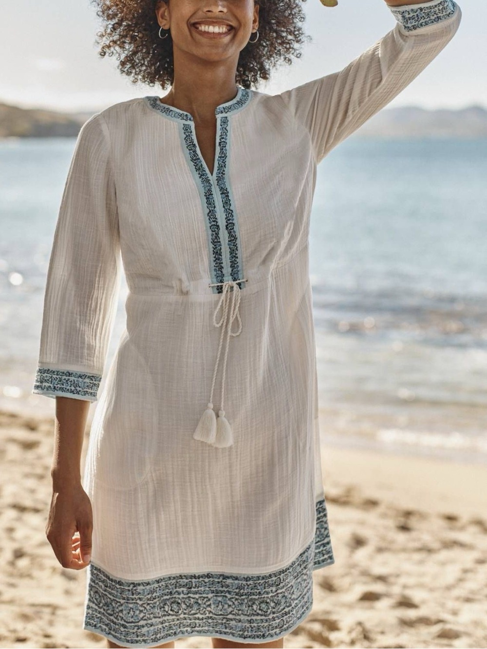 J. Jill Ivory Cotton Gauze Tunic Dress Aqua Blue Embroidered Coastal XL Petite